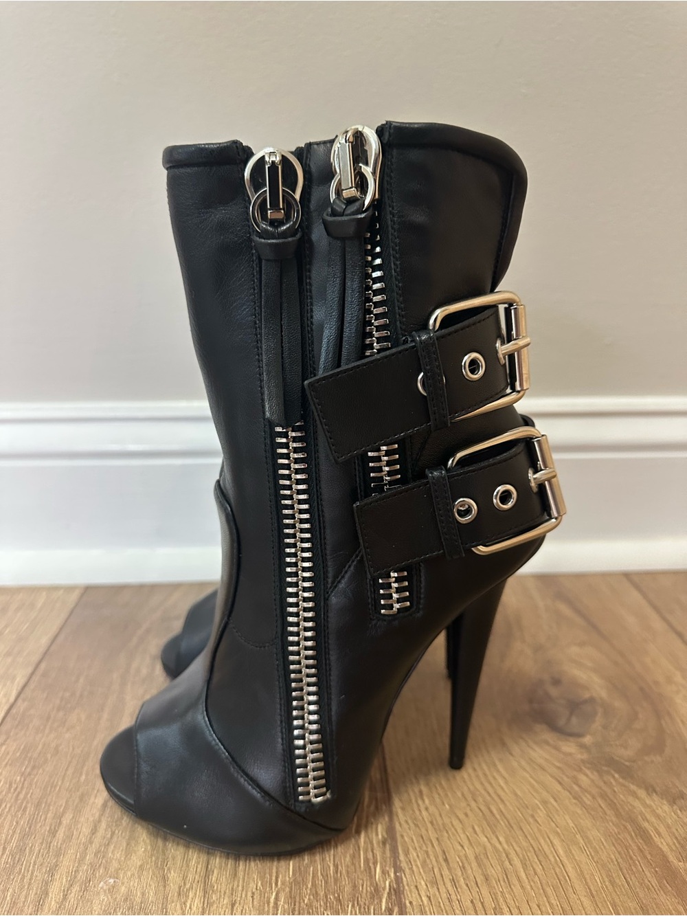 Giuseppe Zanotti Open-Toe Black Leather Biker Stiletto Ankle Boots